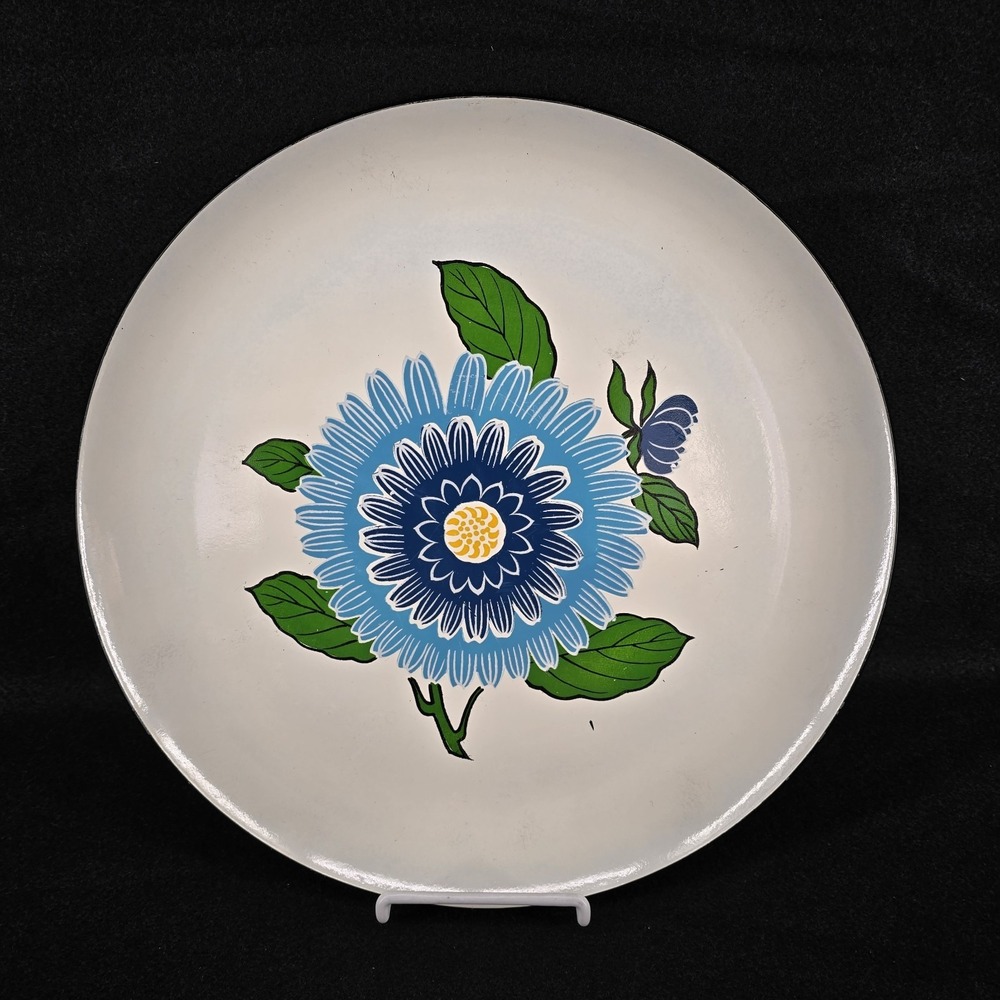 Vtg 13" MCM Plastic Melamine Tray Plate White‎ Blue Flower Japan 70s Mod Kitschy